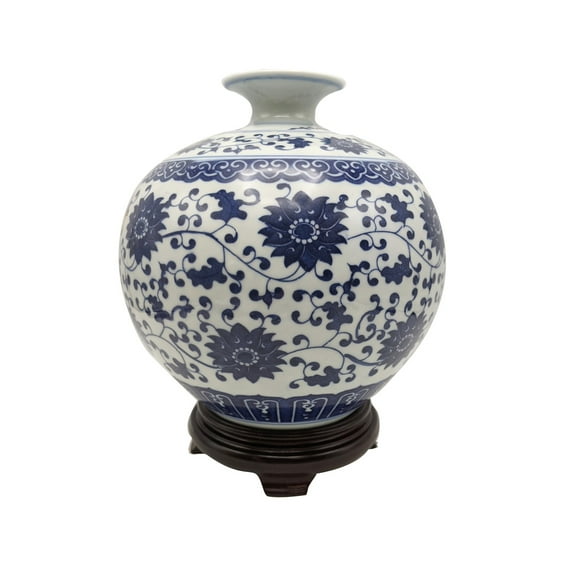 Chinese Floral Vine Blue and White Ball Vase - Oriental Furniture Warehouse