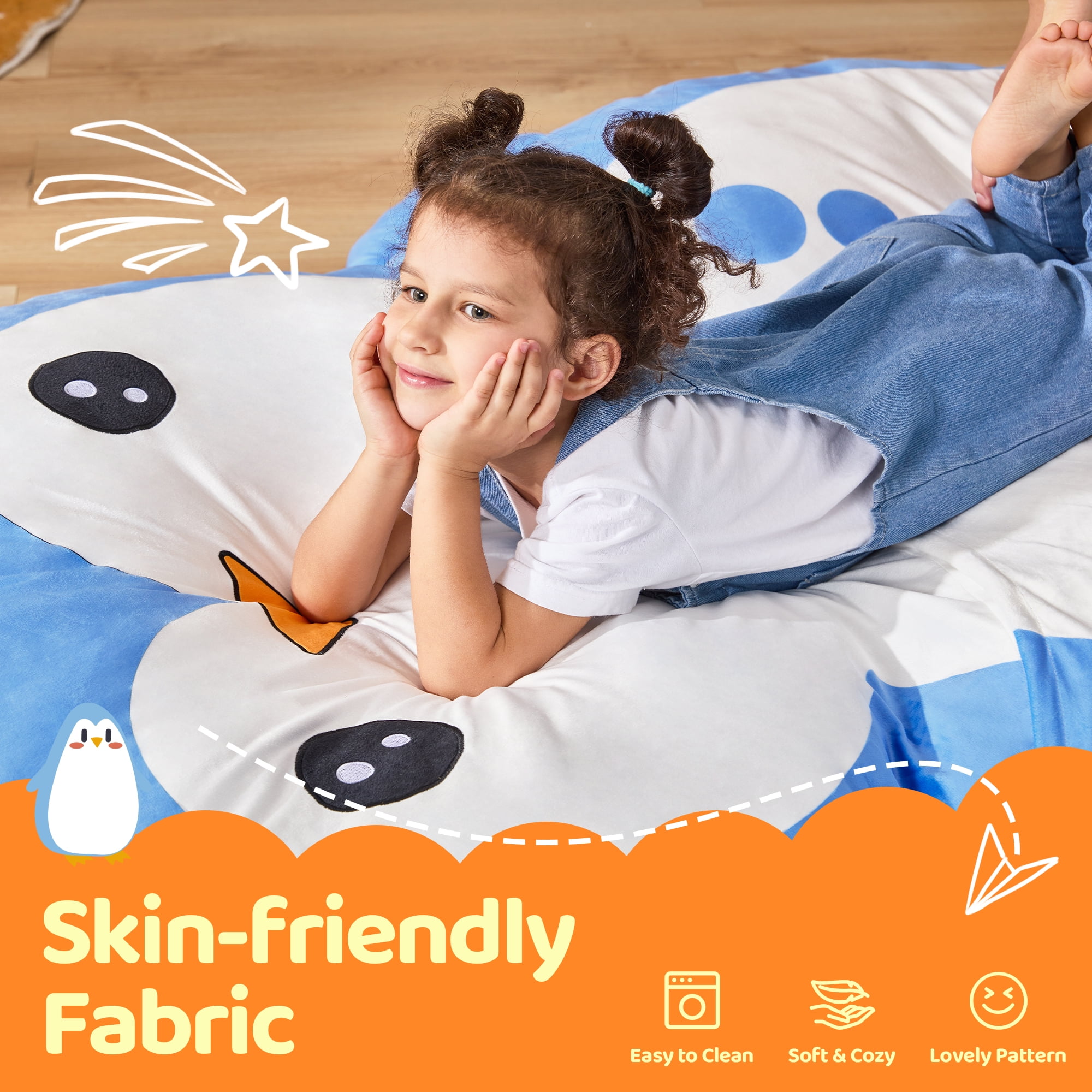 Hobestluk Bean Bag Chairs Bean Bag Floor Cushion Sleeping Mat Bean Bag Chair for Adults Beanbag Lounger for Living Room Bedroom or Playroom (Blue, Medium, Penguin)