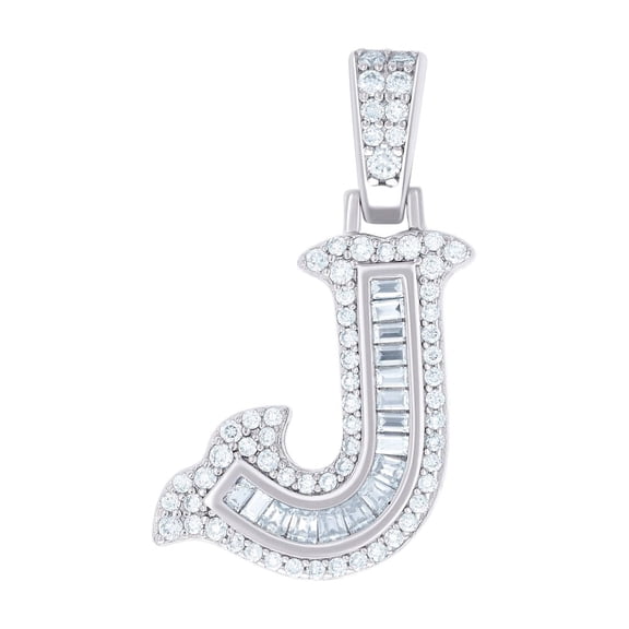 925 Sterling Silver Unisex Baguette Round Moissanite 0.50ct Letter Name Personalized Monogram Initial Alphabet J Charm P