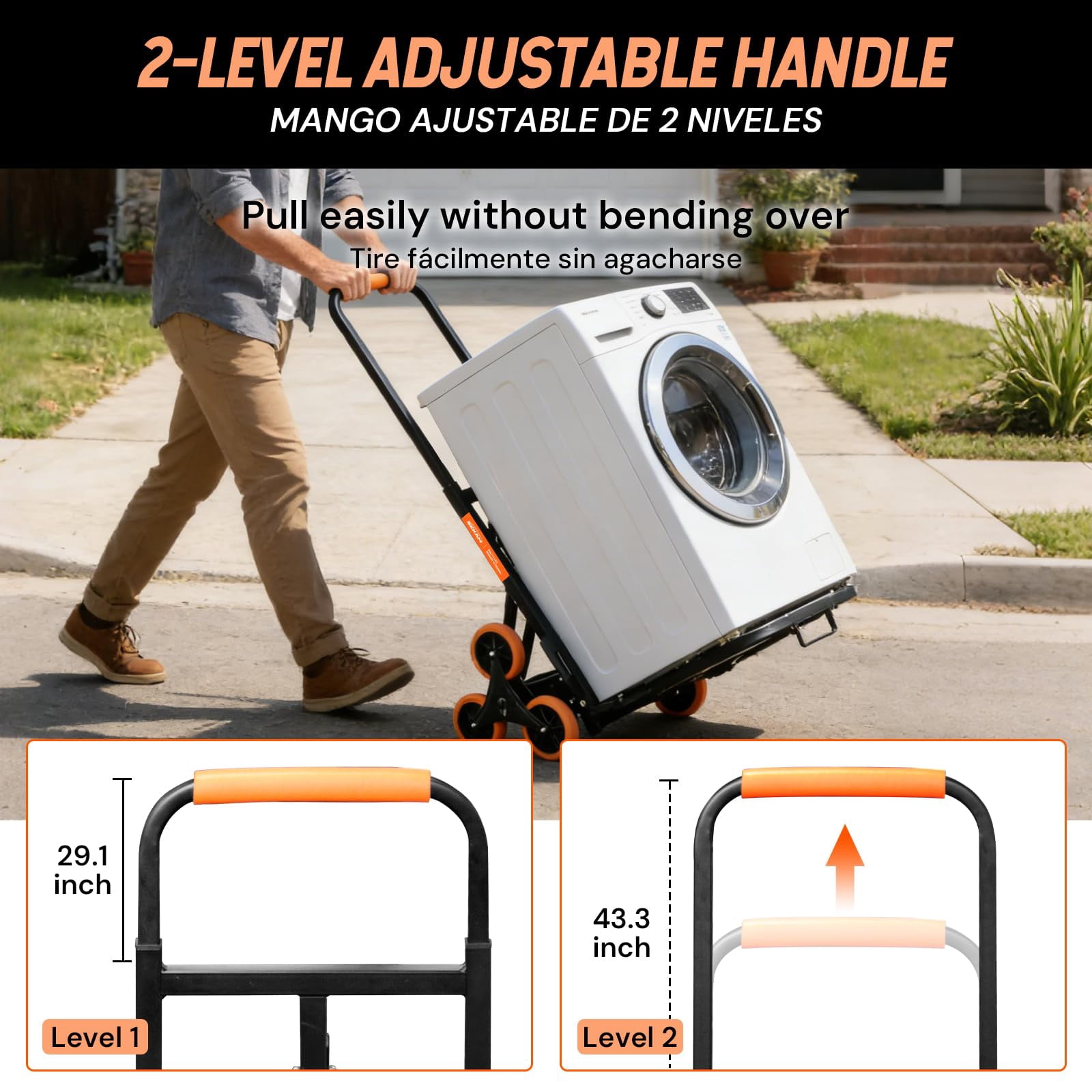 SEKAM Stair Climbing Cart, 440 lbs Capacity Folding Hand Truck with 10 Wheels, Heavy Duty Steel Dolly for Moving & Warehouse, Orange