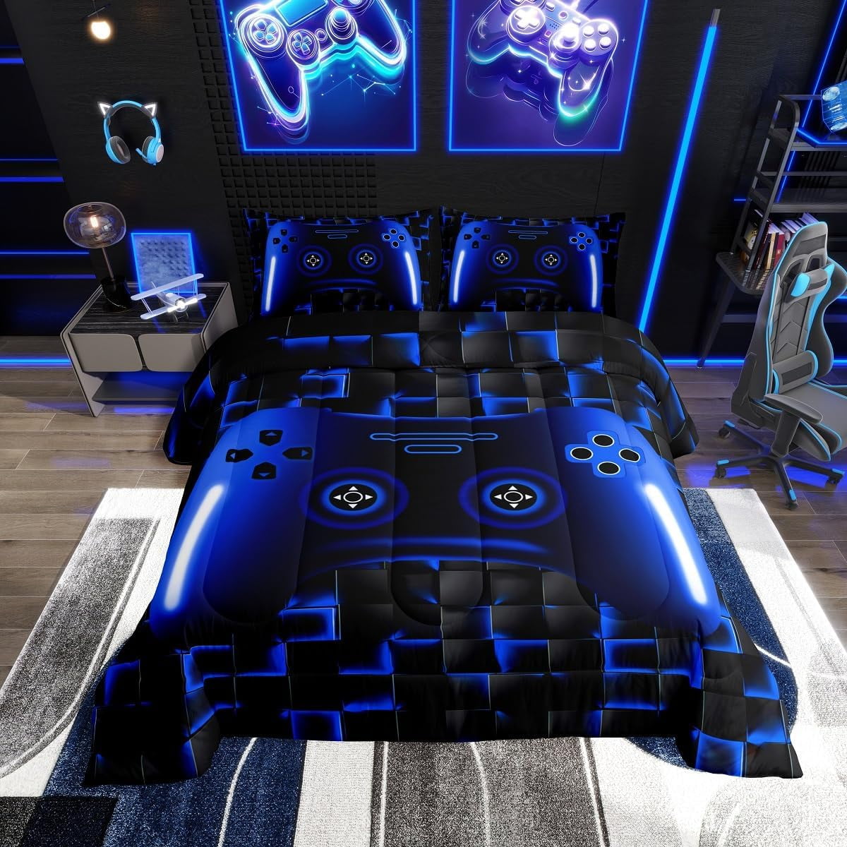 Gaming Full Size Comforter Sets Teen Game Controller Bedding Set 3Pcs Gamer Comforter For All Season,Blue And Black Geometric Checkered Quilt Set For Young Men,Soft Lightweight
