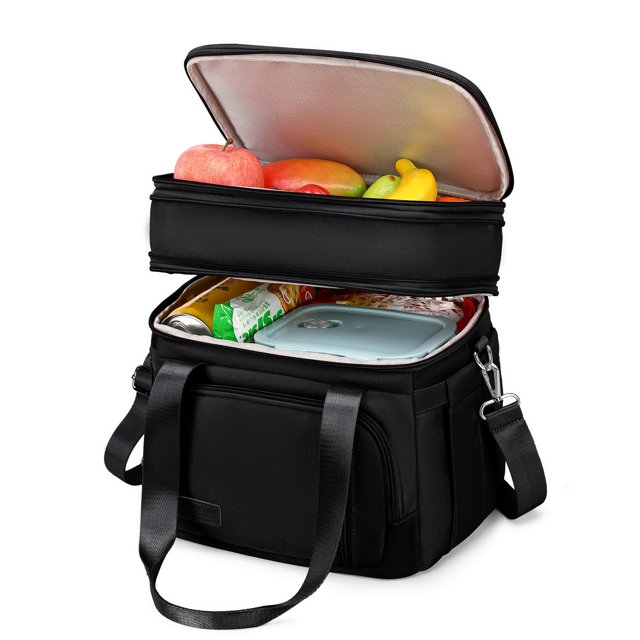 Bolsa de almuerzo MAPLELILY de doble piso con aislamiento a prueba de fugas, negra