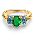 thumbnail image 3 of Gem Stone King 18K Yellow Gold Plated Silver Green Nano Emerald and Persian Blue Moissanite Filigree Style 3 Stone Ring for Women (1.65 Cttw, Oval 8X6MM and 6X4MM) (Size 6), 3 of 6