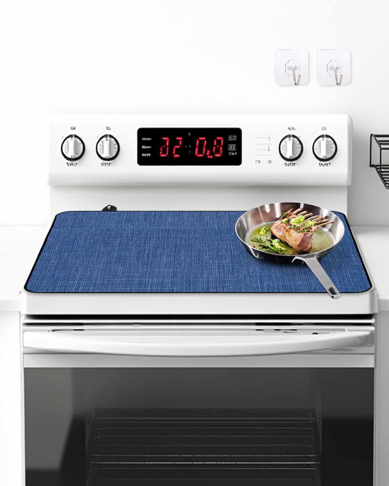 Stove Top Covers for Electric Stove, Navy Blue Glass Stovetop Cover Protector, Vintage Country Monochrome Farmhouse Induction Cooktop Protector Oven Mat for Kitchen Countertop 31"x24"
