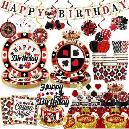 176pcs Casino Theme Party Decorations Include Casino Plates and Napkins Set, Banner, Hanging, Tablecloth, Cake Topper, Table Decor, for Casino Poker Games Night Birthday Party Decorations, Serve 25