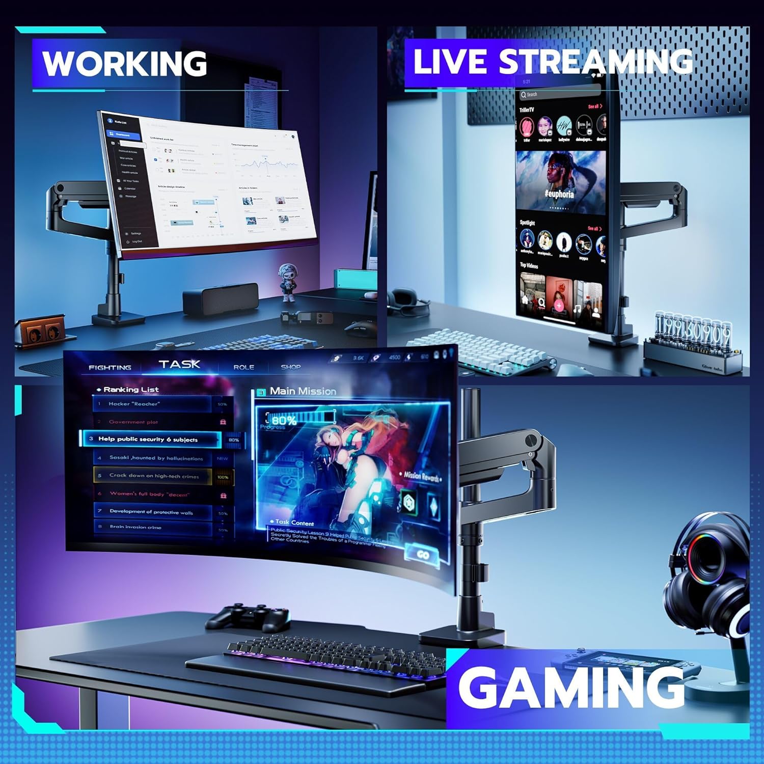 ARES WING Single Monitor Arm Desk Mount for 17–49 Inch Ultrawide Monitors, Heavy Duty Monitor Mount Holds Up to 44 lbs, Full Motion Gas Spring Monitor Stand, VESA 75x75 / 100x100, White