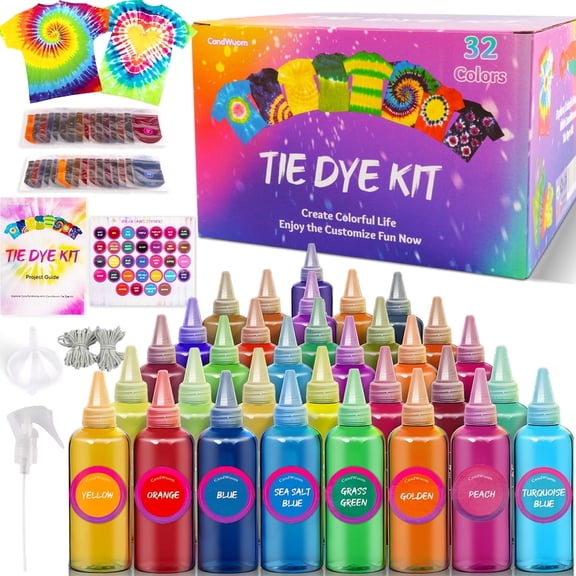 CandWuom Tie Dye Kit, 32 Vibrant Colors Bottles Tyedyedye Kits, Permanent Non-Toxic Craft Kits for Adults Fabric Tye Handmade Party Supplies