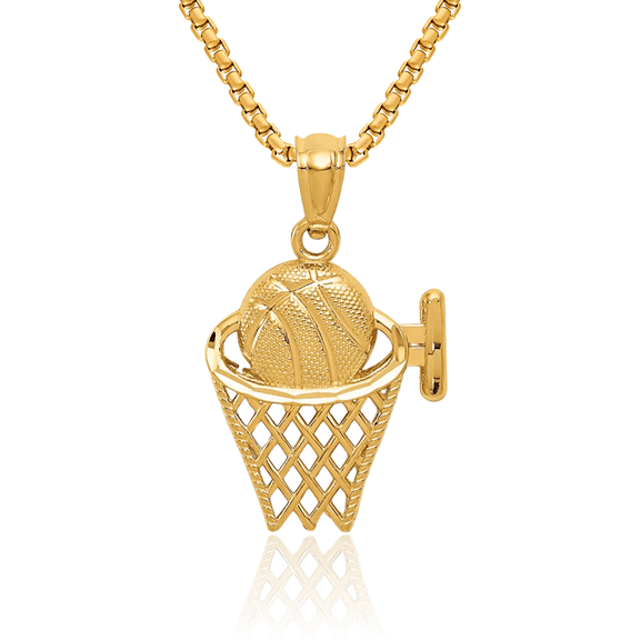 14K Solid Yellow Gold Basketball Hoop Net Necklace Swoosh Charm Sports Pendant with chain 16inch