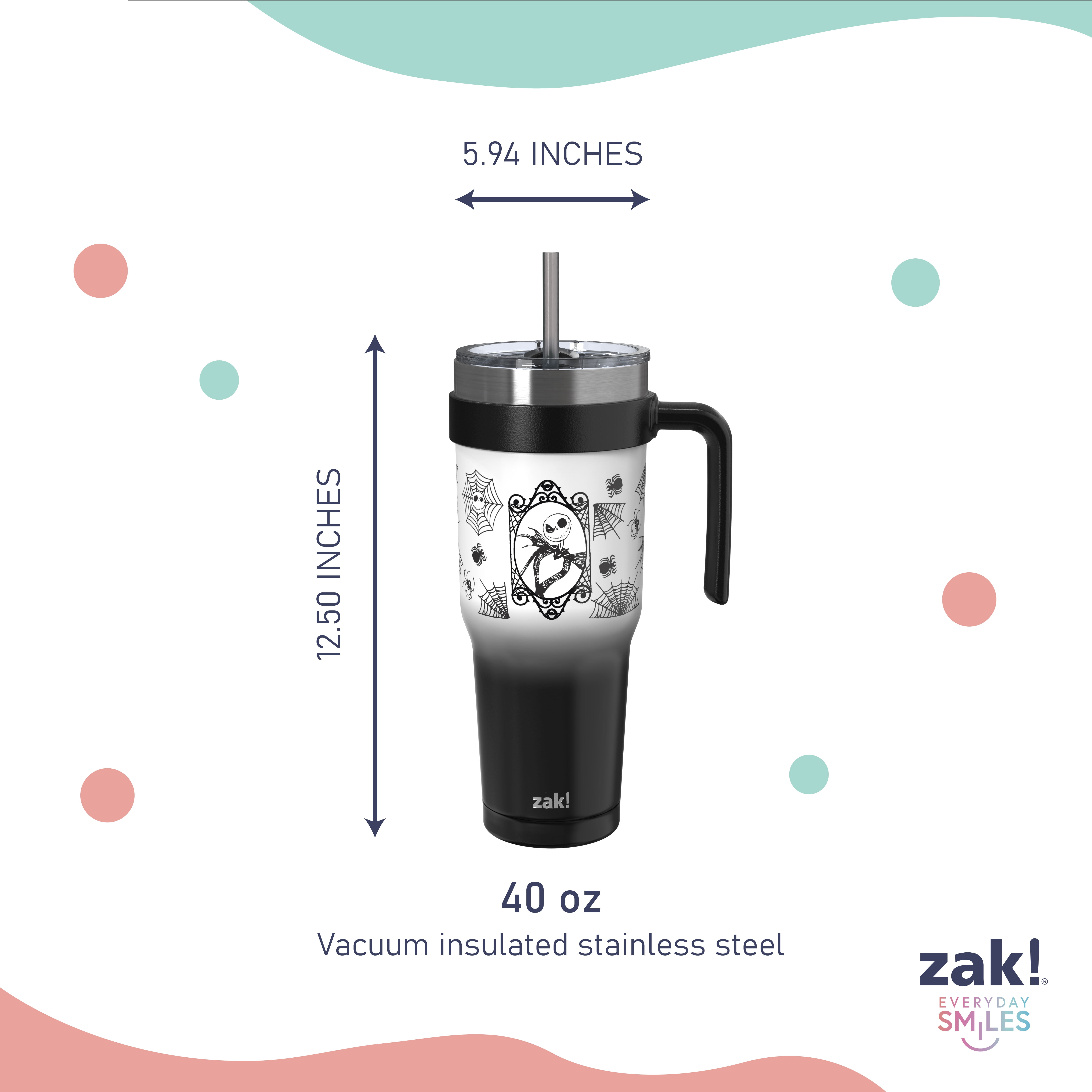 Zak Designs 40oz Wednesday Straw Handle Tumbler, Stainless Steel