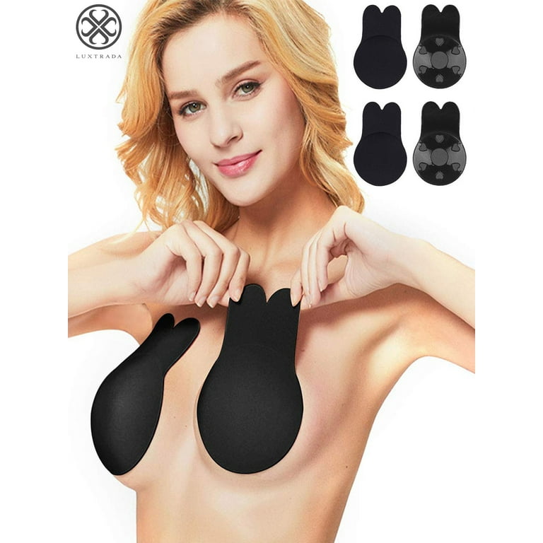 Luxtrada 2 Pairs Rabbit Ear Self Adhesive Invisible Bra Breast Lift Up  Strapless Nipplecovers Backless Push Up Bra Black, C-D Cup 