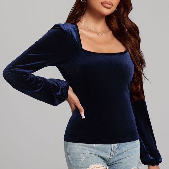 Oksale Velvet Tops for Women Long Sleeve Elegant Shirts Trendy Square Neck Fall Outfits Fashion Clothing 2026 Blue L