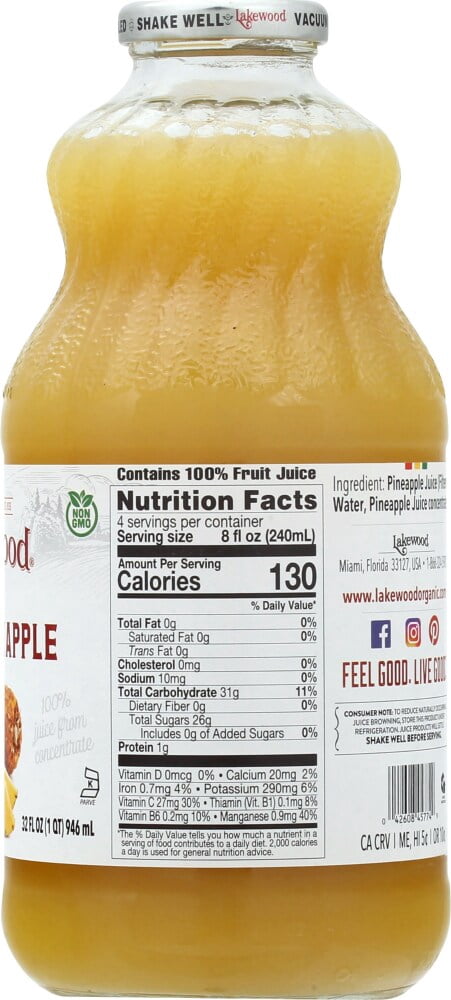 Lakewood Organic Pure Pineapple Juice Not from Concentrate Fresh Pressed 32 fl oz
