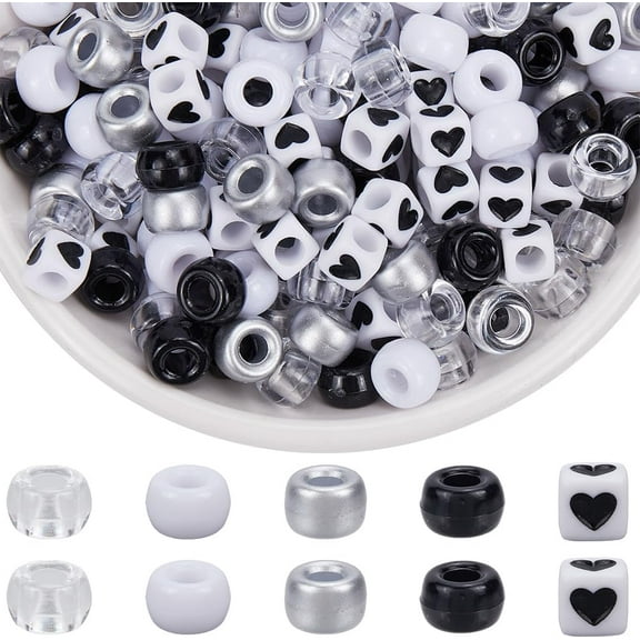 1 Box 1000Pcs 6x9mm Pony Beads White Black Glitter Kandi Beads Bulk Holiday Round Plastic Pony Heart Charms Accessories for Jewelry Making Supplies DIY Bracelets Earrings Crafts Hair Braids Black