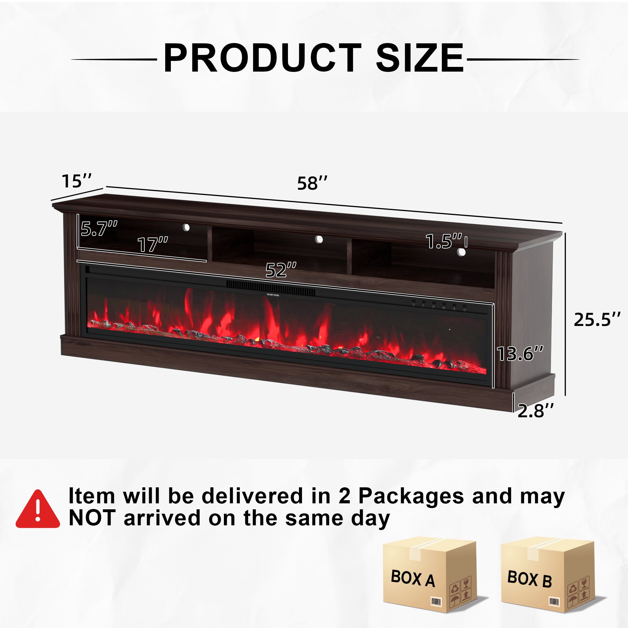 HARIPUL 58" Fireplace TV Stand for TVs Up to 65" with 52" Electric Fireplace,White Entertainment Center with Storage Cabinets,Led Light TV Consoles for Living Room,Brown/Log Fireplace