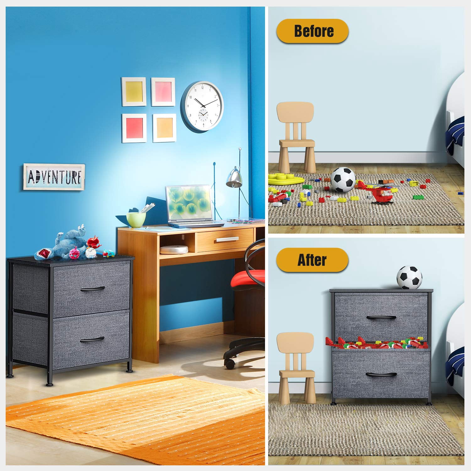 Yesker Dresser for Bedroom Storage Tower with 2 Drawers Fabric Bins Sturdy Metal Frame Wood Top Small Organizer Unit for Guest Room, Closet, Living Room, Hallway, Home Furniture, Office, Dark Gray