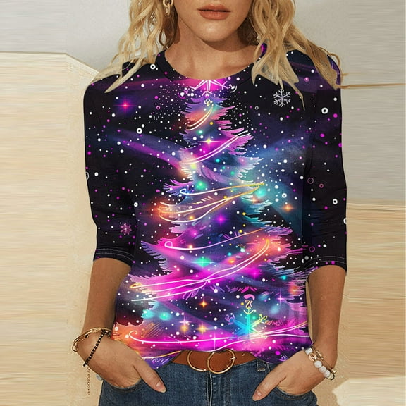 UPPADA Womens Merry Christmas 3/4 Sleeve Shirt Christmas Tree Print Blouses Great Gifts Winter Holiday Top Christmas Matching Outfit blusas mangas 3/4 para mujer casual Purple,L
