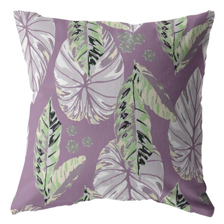 16â€ White Purple Tropical Leaf Indoor Outdoor Throw Pillow