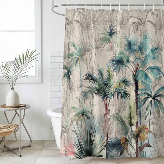 Shower Curtain Bathroom Set Tropical Palm Tree Monstera Plant Waterproof Fabric Shower Curtains with Grommets&Hooks, Summer Watercolor Art Privacy Bath Curtain for Bathtub 60x72in
