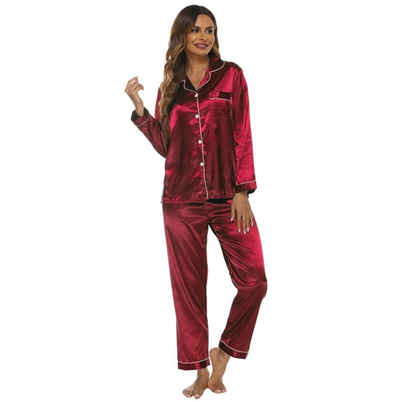 Women's Classic Satin Pajama Set Sleepwear Loungewear,Long Sleeve Sleepwear Womens Button Down Nightwear with Pajamas Bottoms Pants Soft Pj Lounge Sets,S-XXL Red