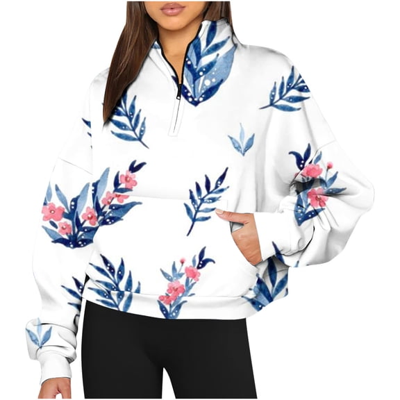 WXLWZYWL Trendy Sweatshirts For Women 2023 Women'S Printed Long-Sleeved Half-Zip Hoodless Stand-Up Collar Hoodie