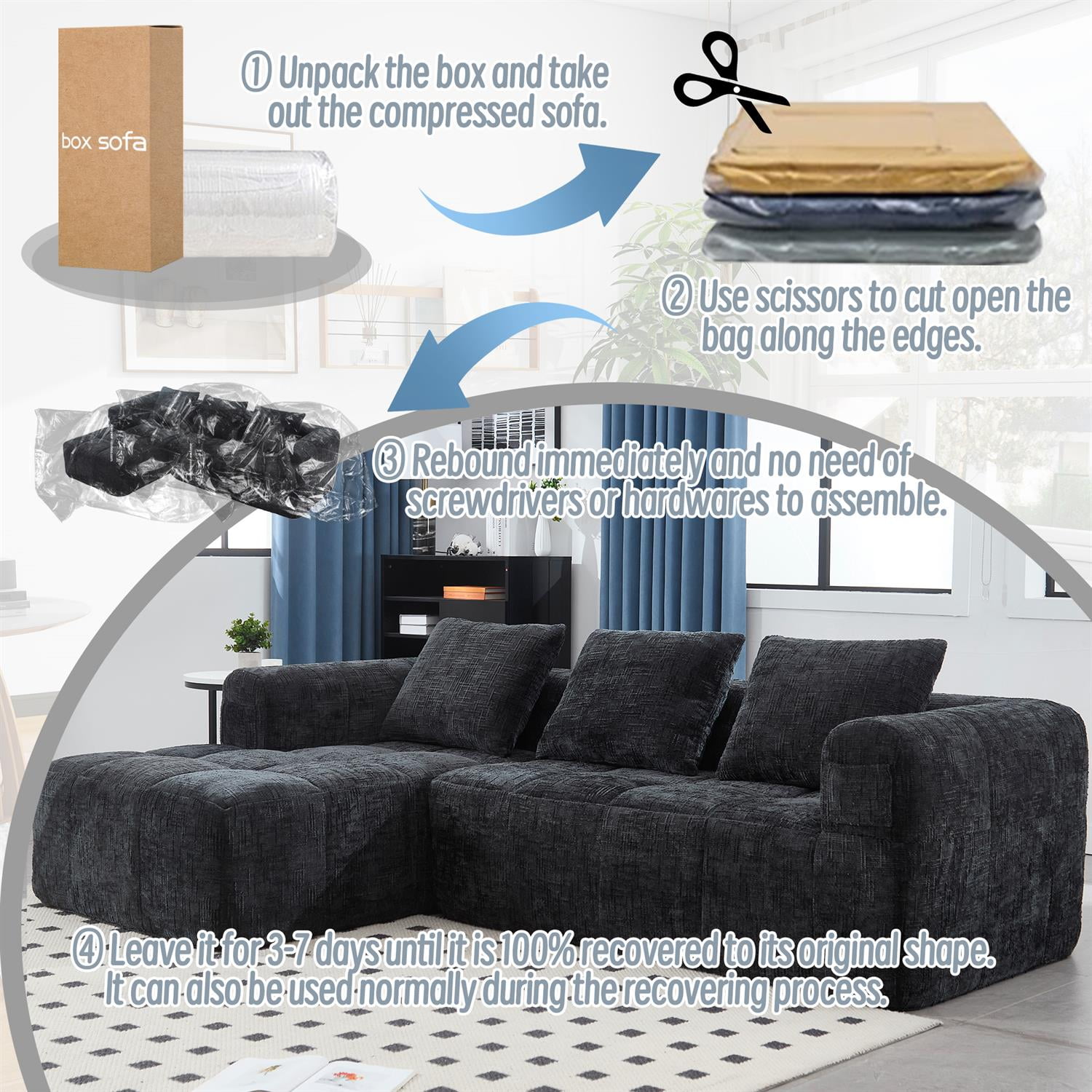 Demi Bonn 98" L-Shaped Modular Sectional Sofa with Chaise, Side Pockets, Modern Comfort Couch, Compression-Free Installation for Living Room, Black