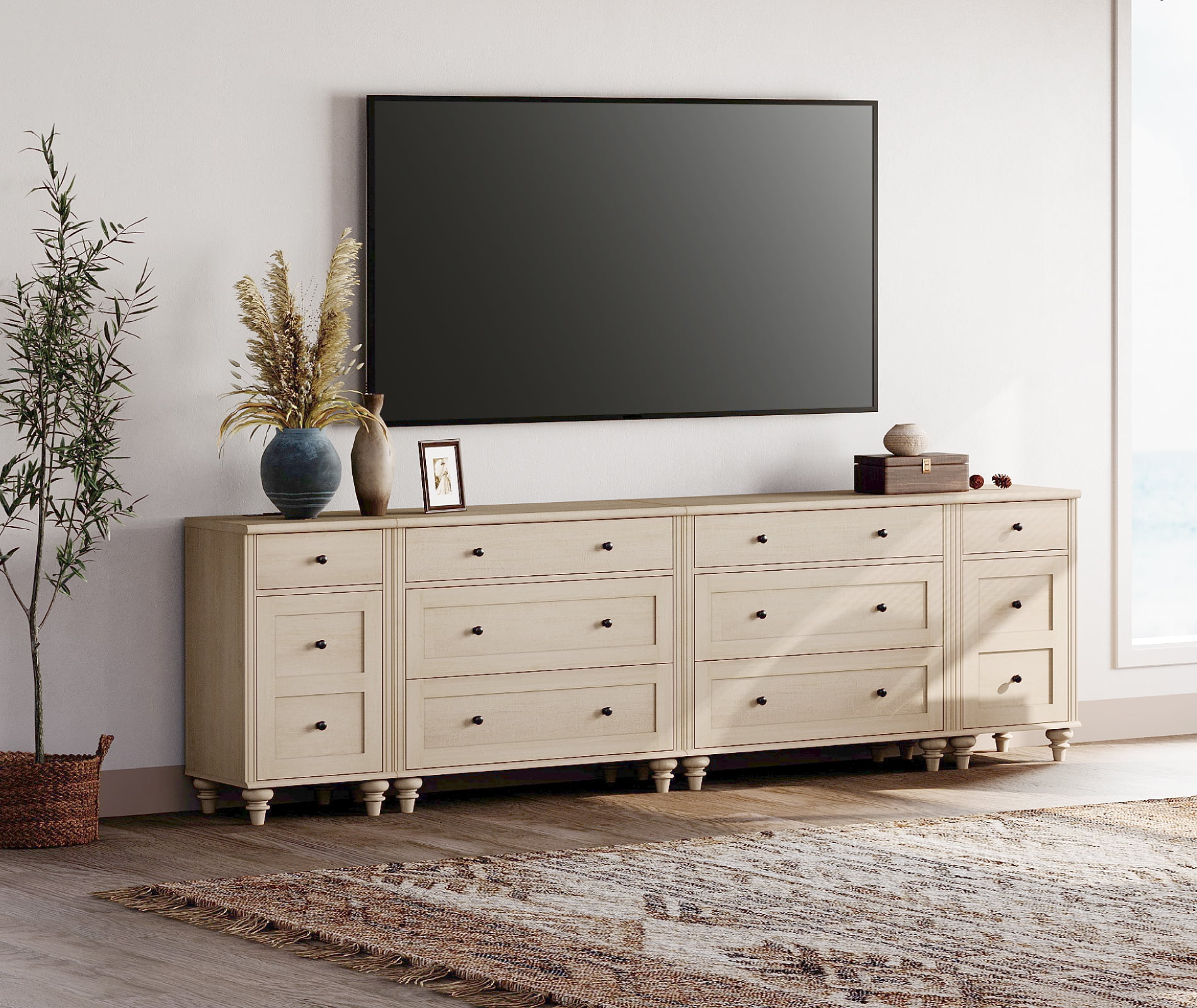 WAMPAT Farmhouse TV Stand for 100 Inch TV, 3-in-1 TV Console Table with 8 Drawers and 2 Storages, Entertainment Center with Charging Station for Living Room, Beige