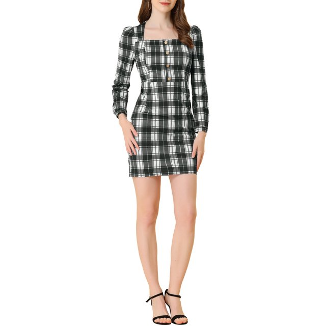 INSPIRE CHIC Robe Mini à Carreaux Taille Haute à Manches Longues Bouffantes et Col Carré pour Femmes TP Noir