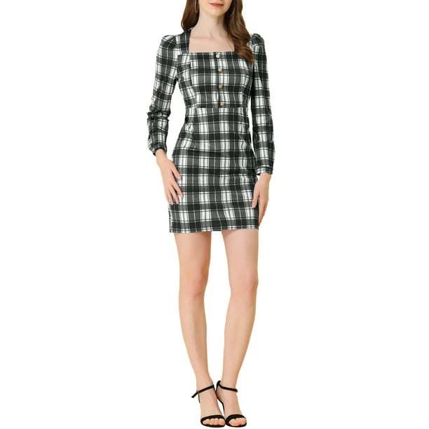 Vestido mini de cuadros negro con escote cuadrado, mangas largas abullonadas y cintura alta A-Line para mujeres Inspire Chic