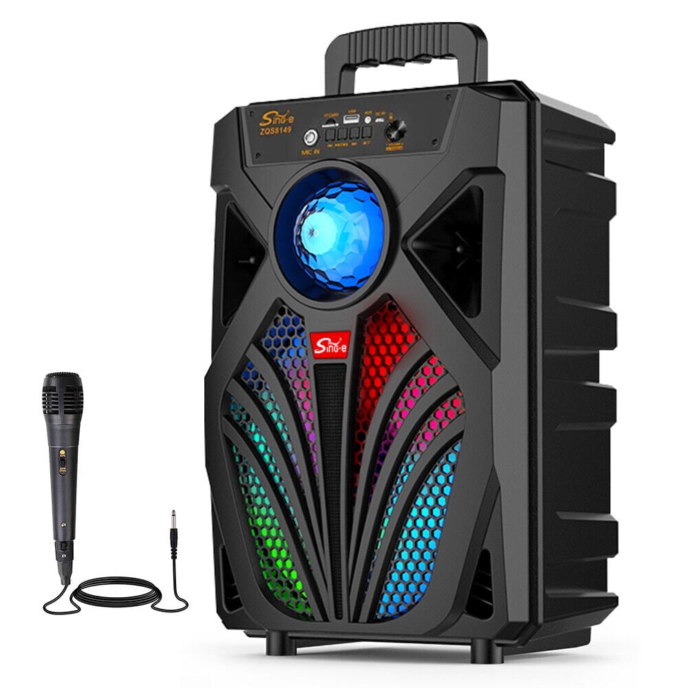 8Inch Portable Bluetooth 5.0 Speaker, Party Speaker Stereo Subwoofer Heavy Bass Sound System with Colorful LED Lights and Mic, Black