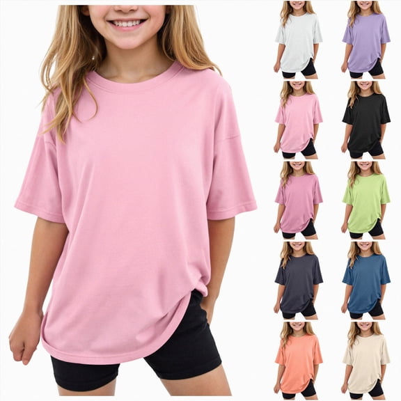 WUANDIXFA Girls Basic Plain T Shirts 1-14 Years Kids Cotton Summer Tops Crewneck Short Sleeve Tees,Light Pink,11-12 Years