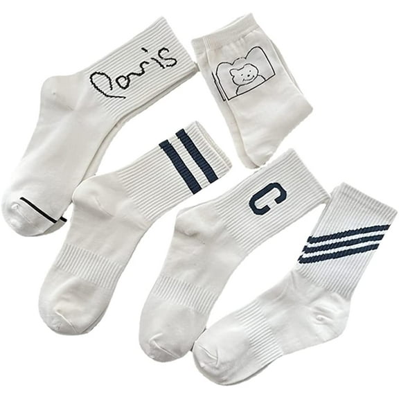 5 Pairs Set Women Crew Socks Fashion Cotton Floral Print Warm Multicolor Thick