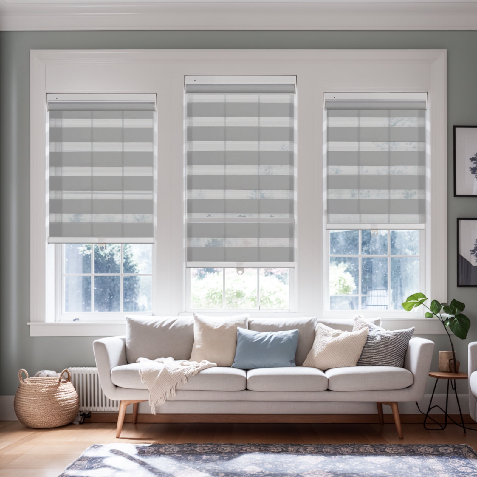Keego No Drill No Tool Motorized Zebra Shades Blinds Remote Control Dual Layer Roller Shades Light Filtering Window Treatment - DimGray, 55"W x 40"H