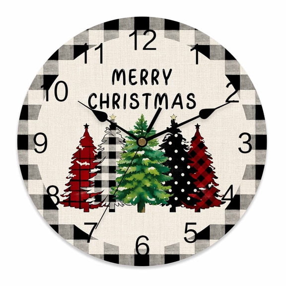 Wall Clock 12 Inch Merry Christmas Round Silent Decorative Wall Clocks Battery Operated for Living Room Bedroom Kitchen Classroom Decor, Farmhouse Plaid Christmas Tree,Large