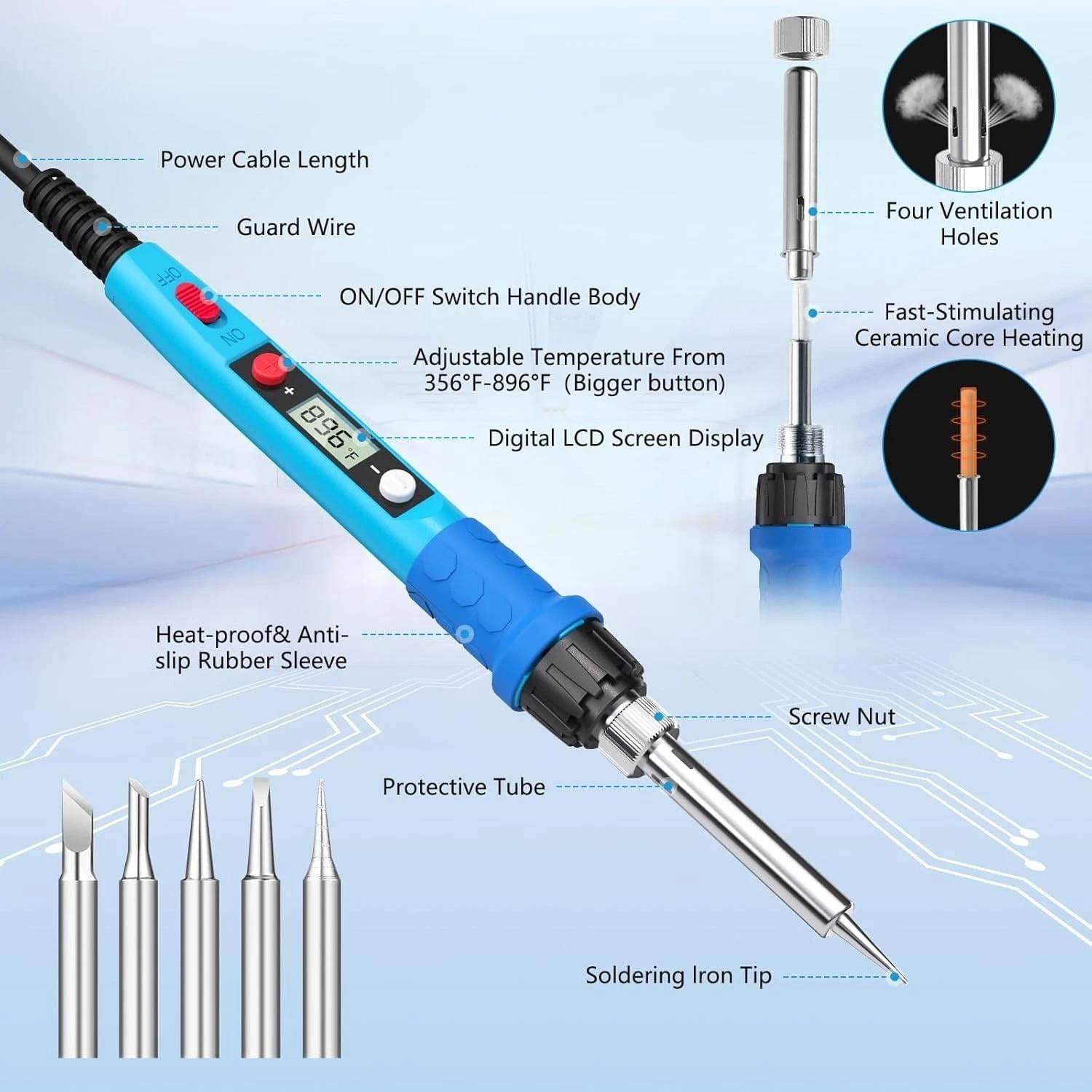 Soldering Iron Kit 80W LCD Digital with Tips Stand Flux Wire for Jewelry Elec...