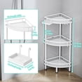 thumbnail image 3 of Standing Corner Shower Caddy - 3 Tier Shower Organizer Corner with Soap Holder and 4 Hooks, Rustproof Bathroom Storage Shelves with Adhesives, White, 3 of 7