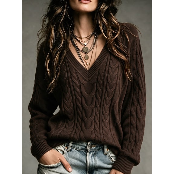 Women's Dark Brown V-Neck Cable Knit Sweater, Casual Long Sleeve Pullover