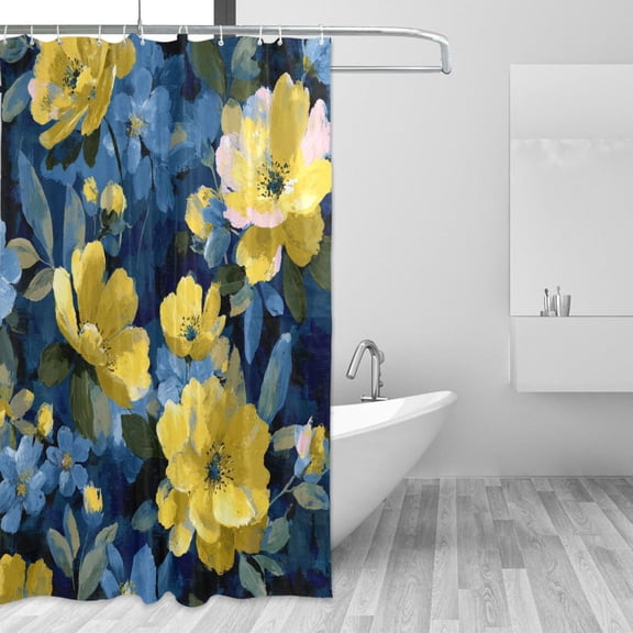 Layers Of Yellow and Blue Flowers Shower Curtains with 12 Hooks Waterproof Bathroom Decor 66" x 72"