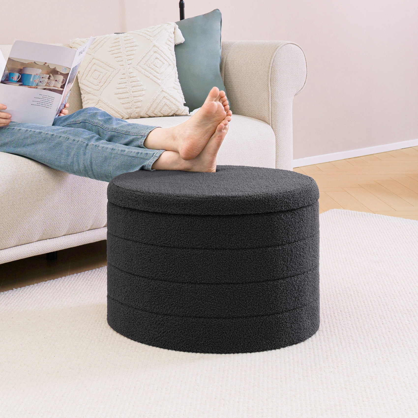 B FSOBEIIALEO Round Boucle Storage Ottoman with Tray for Living Room, Perfect for Adults & Kids with Extra Storage Space(Grey)