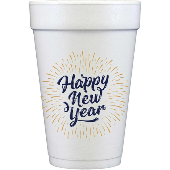 HAPPY NEW YEAR FOAM DISPOSABLE CUPS (12 PACK) - ELEGANT PARTY CUPS 12oz - CUTE CUPS FOR FIESTA, PARTIES, OCCASIONS - INSULATED COFFEE CUPS