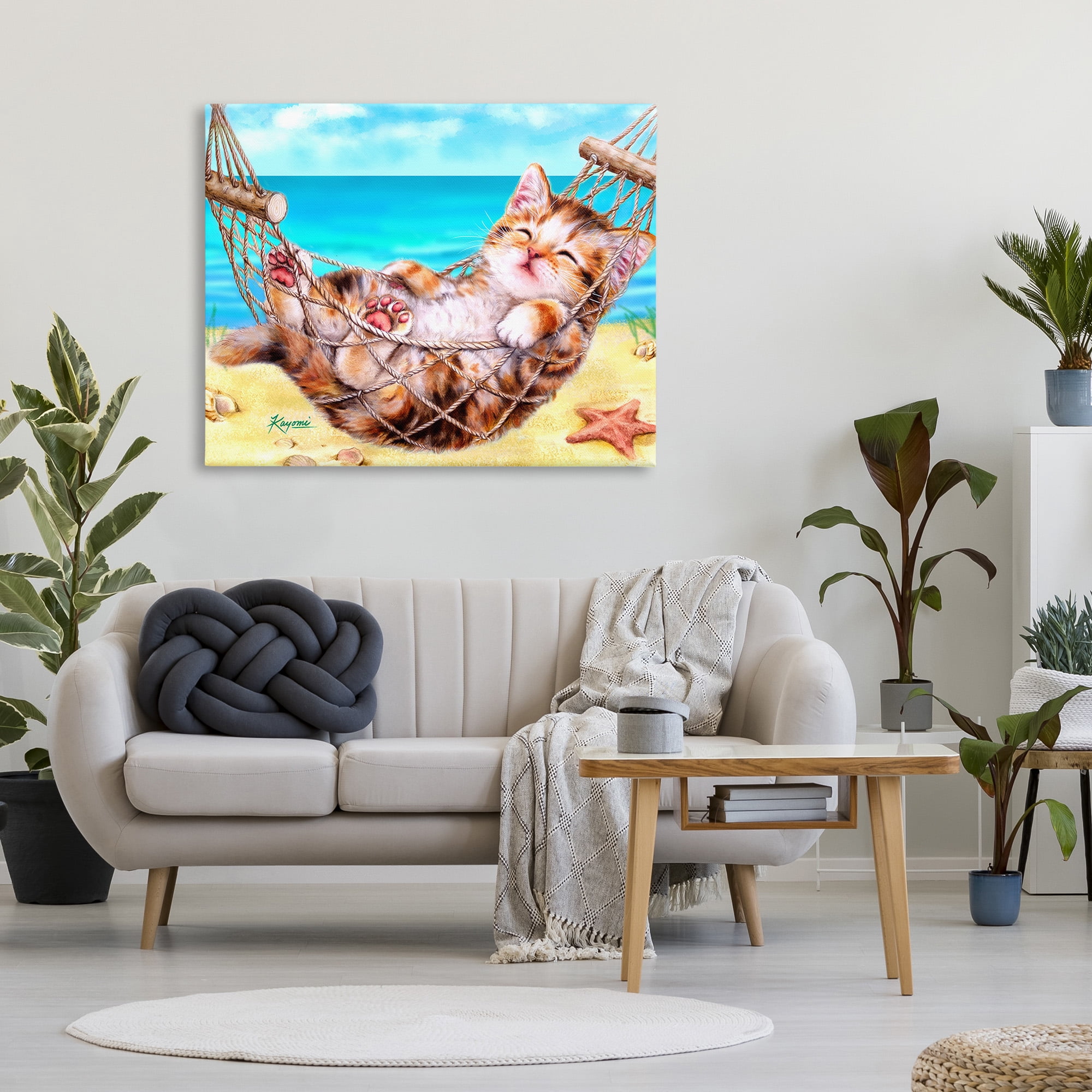 Stupell Industries Kitten in Beach Hammock Animals & Insects Painting Gallery Wrapped Canvas Art Print Wall Art, 48 x 36