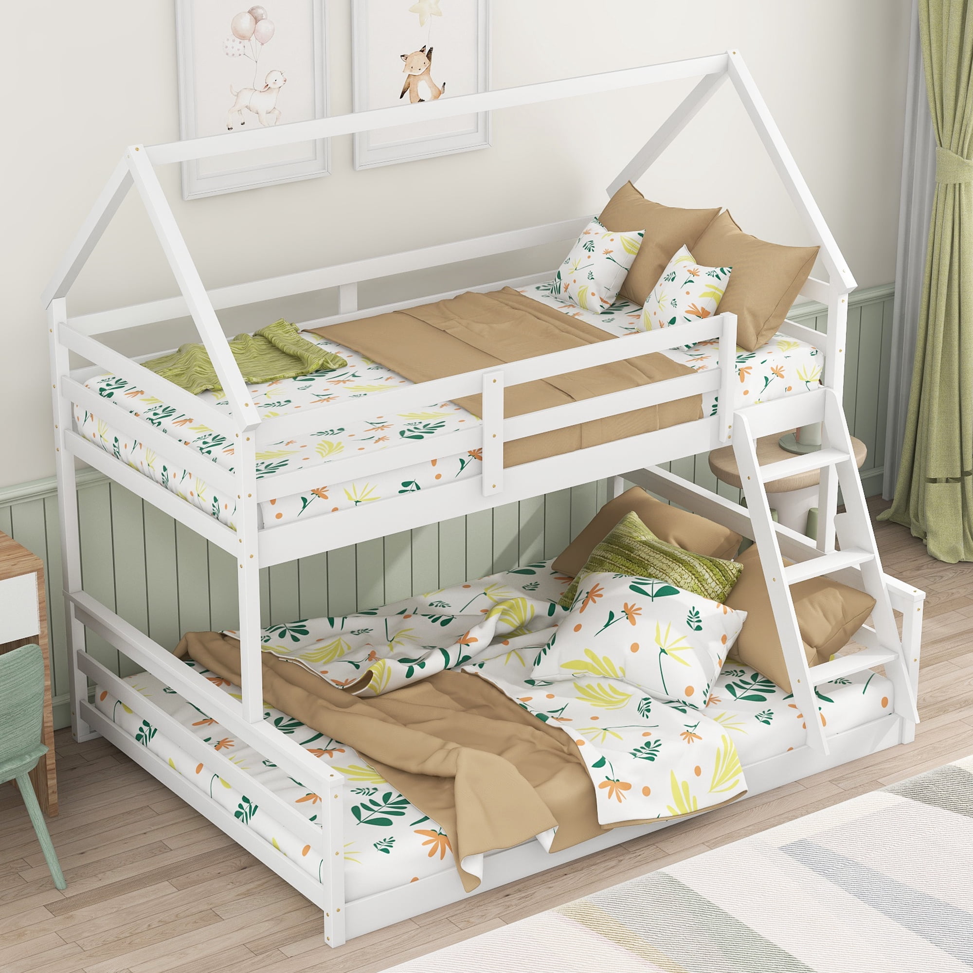 EUROCO Pine Wood Twin over Full Bunk Bed, House-Shaped for Kids Teens Bedroom, White