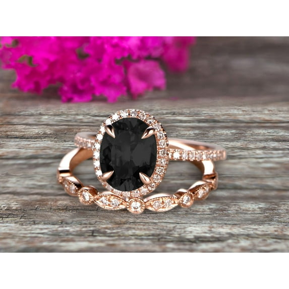 Milgrain 2.50 Carat Oval Cut Black Diamond Moissanite Wedding Set Bridal Ring On 10k Rose Gold Halo Art Deco Stacking Matching Band Glaring Shining Startling Staggering