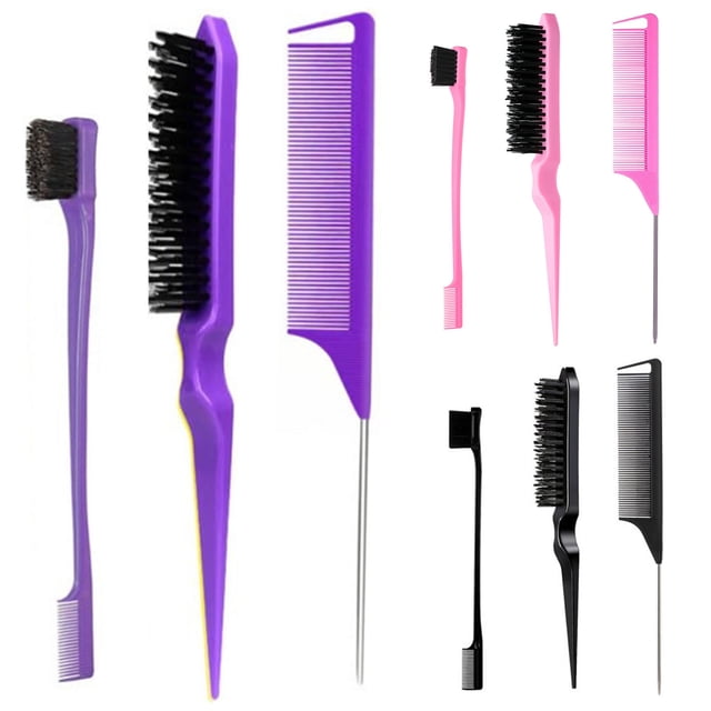 3Pcs/Set Hair Styling Comb Kit with Double-side Edge Control Teasing Bristle Brush Rat Tail Women Comb Back Brushing Combing Braiding Slicking Styling Brush