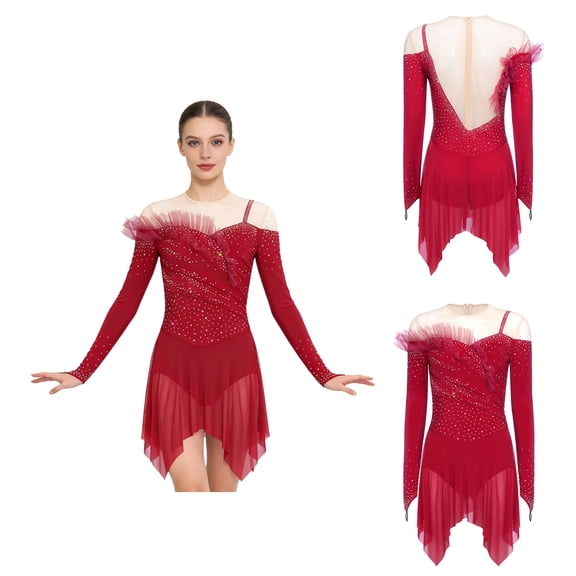 renvena Women Ruched Detail Lyrical Dress Irregular Mesh Hem Ballet Tulle Skirt Leotard Figure Skating Dress Burgundy S