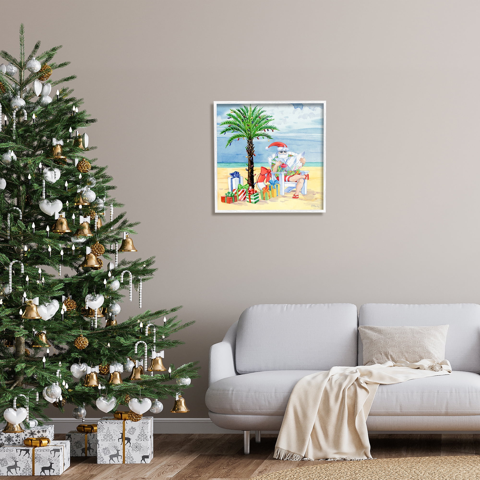 Stupell Industries Santa Claus on Beach Holiday Painting White Framed Art Print Wall Art, 24 x 24