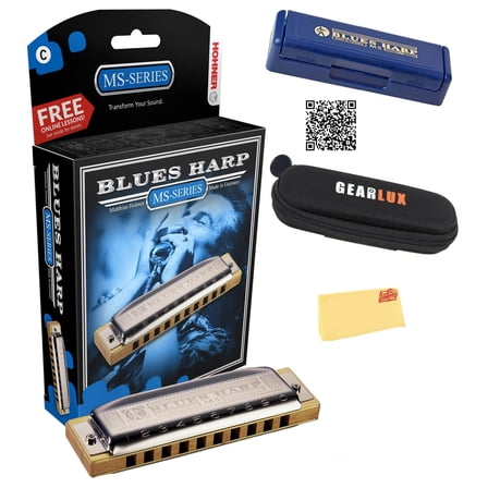 Hohner 532 Blues Harp MS Harmonica - Key of C Bundle with Case, Pouch, Austin Bazaar Online Manual, and Polishing Cloth
