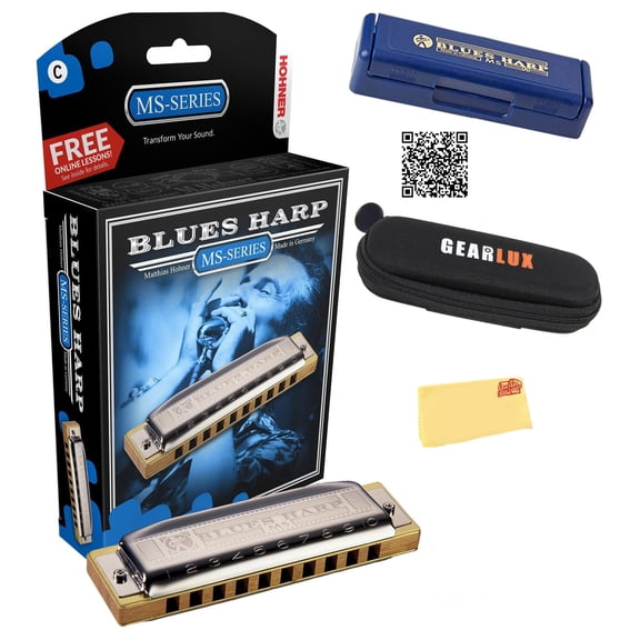 Hohner 532 Blues Harp MS Harmonica - Key of C Bundle with Case, Pouch, Austin Bazaar Online Manual, and Polishing Cloth