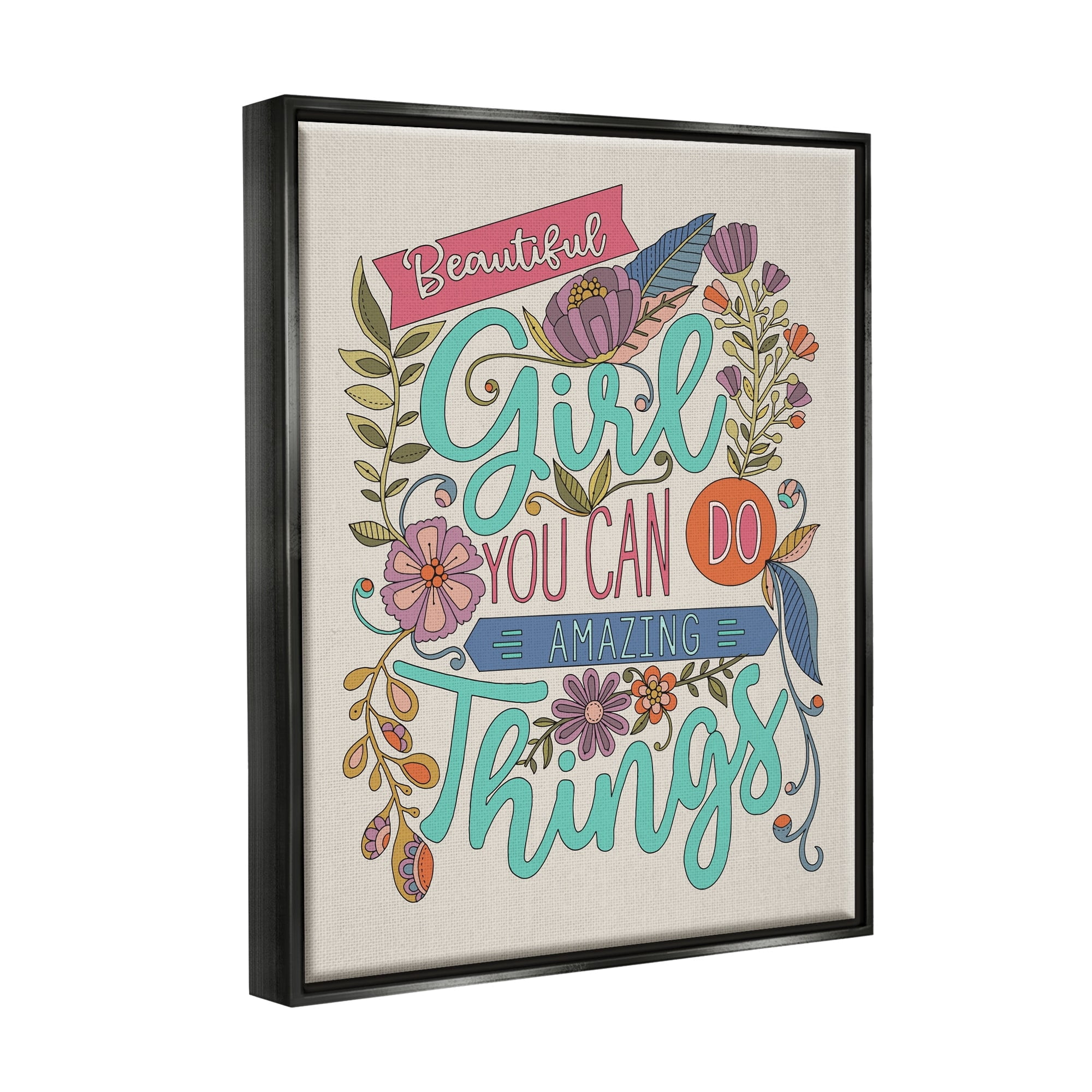 Stupell Industries Girl Power Fun Motivational Intricate Floral Pattern Graphic Art Jet Black Floating Framed Canvas Print Wall Art, Design by Valentina Harper