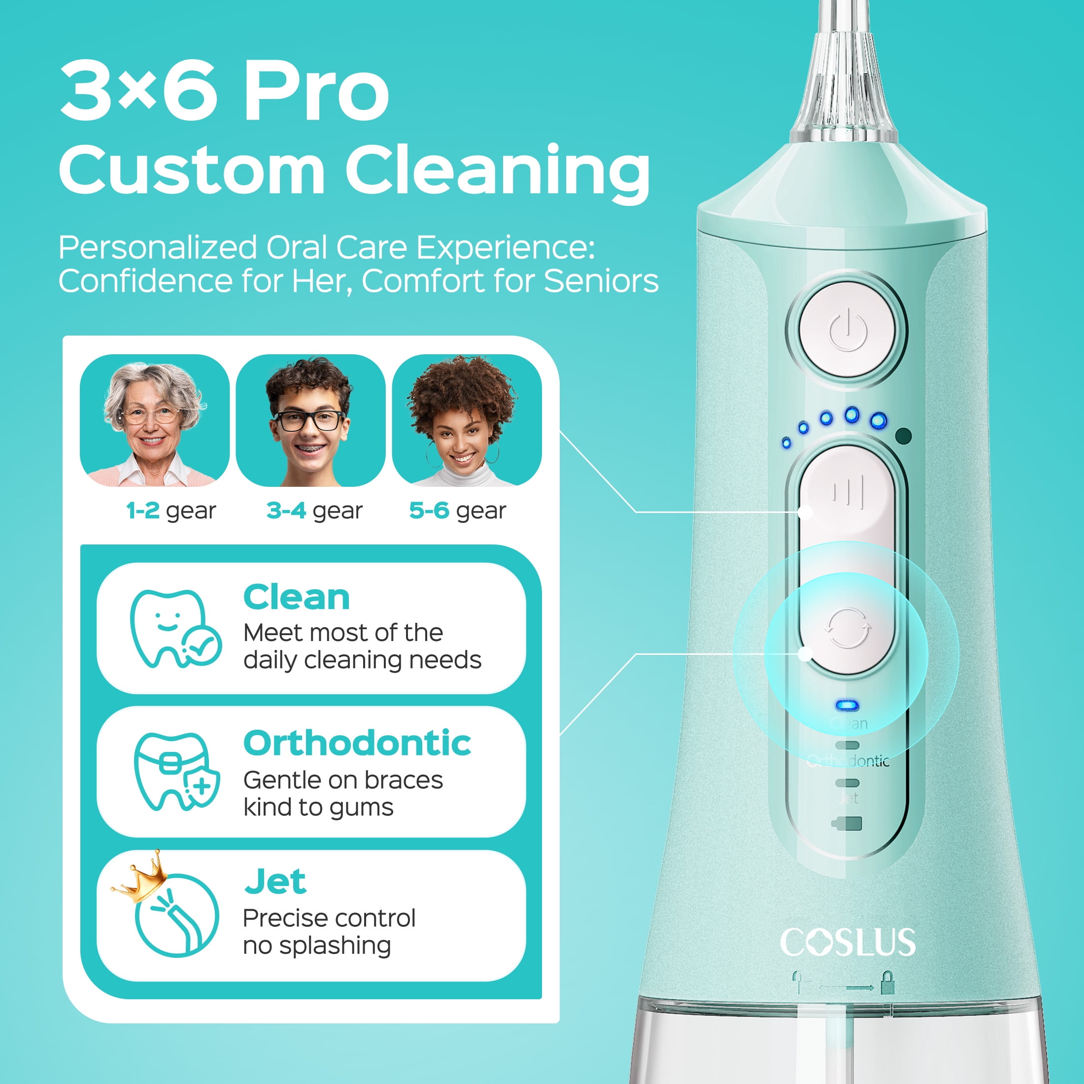 COSLUS CX51 Portable Water Flosser for Teeth,3 Modes 6 Intensity Professional Electric Water Dental Pick for Sensitive Gums, Braces for Travel Home Green