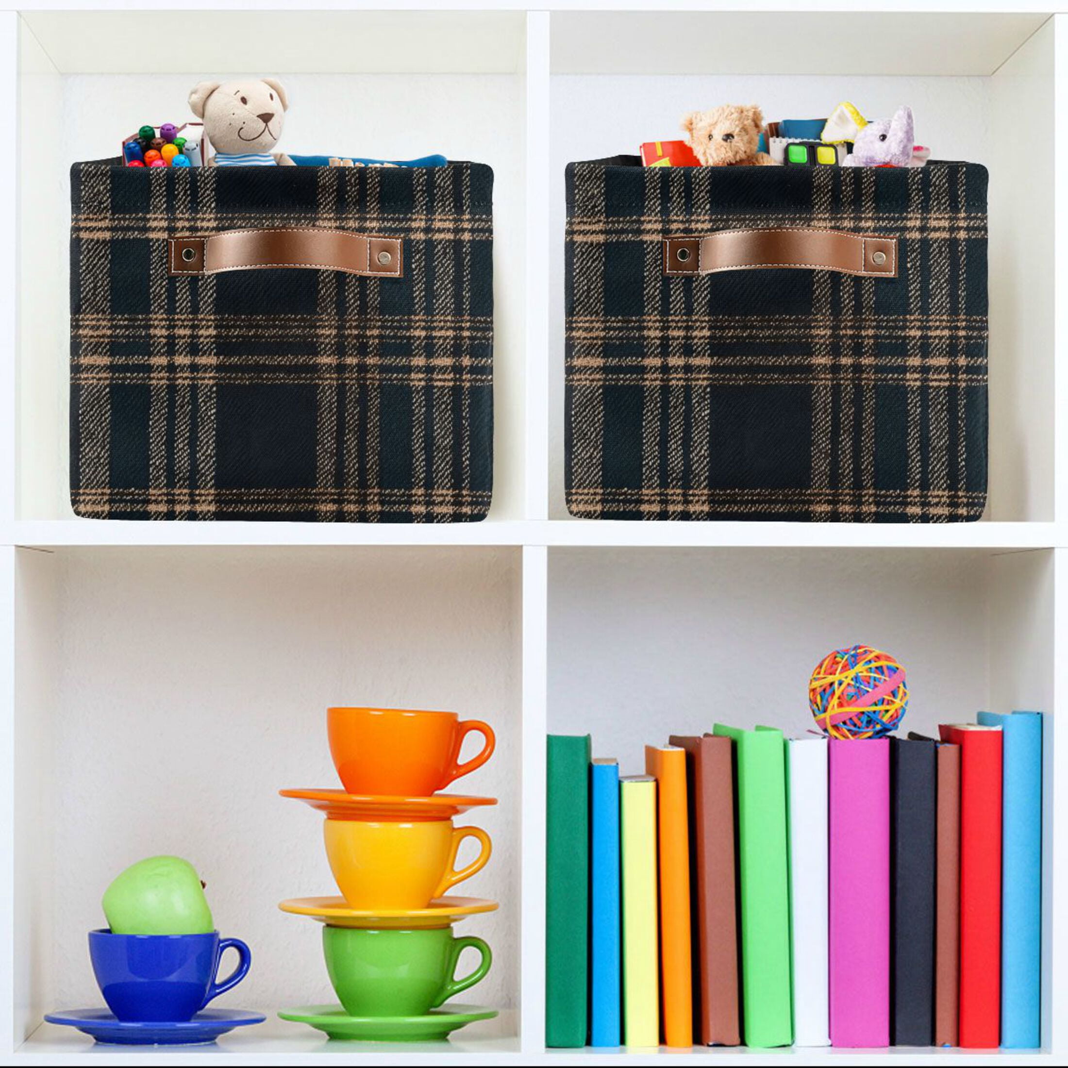 2 Pack Storage Bins with Handle Fabric Organizer Basket Foldable Box Dark Green Brown Tartan 14.2x10.2x8.3
